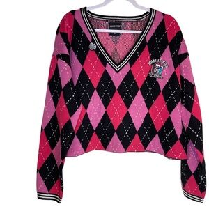 Hot Topic Monster High Pink/Black Argyle Cropped V-neck  Sweater Sz XL